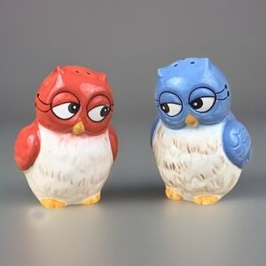 Ceramic Owl Salt Pepper Shakers Pair Red Blue Whimsical Kitchen Laurie Furnell